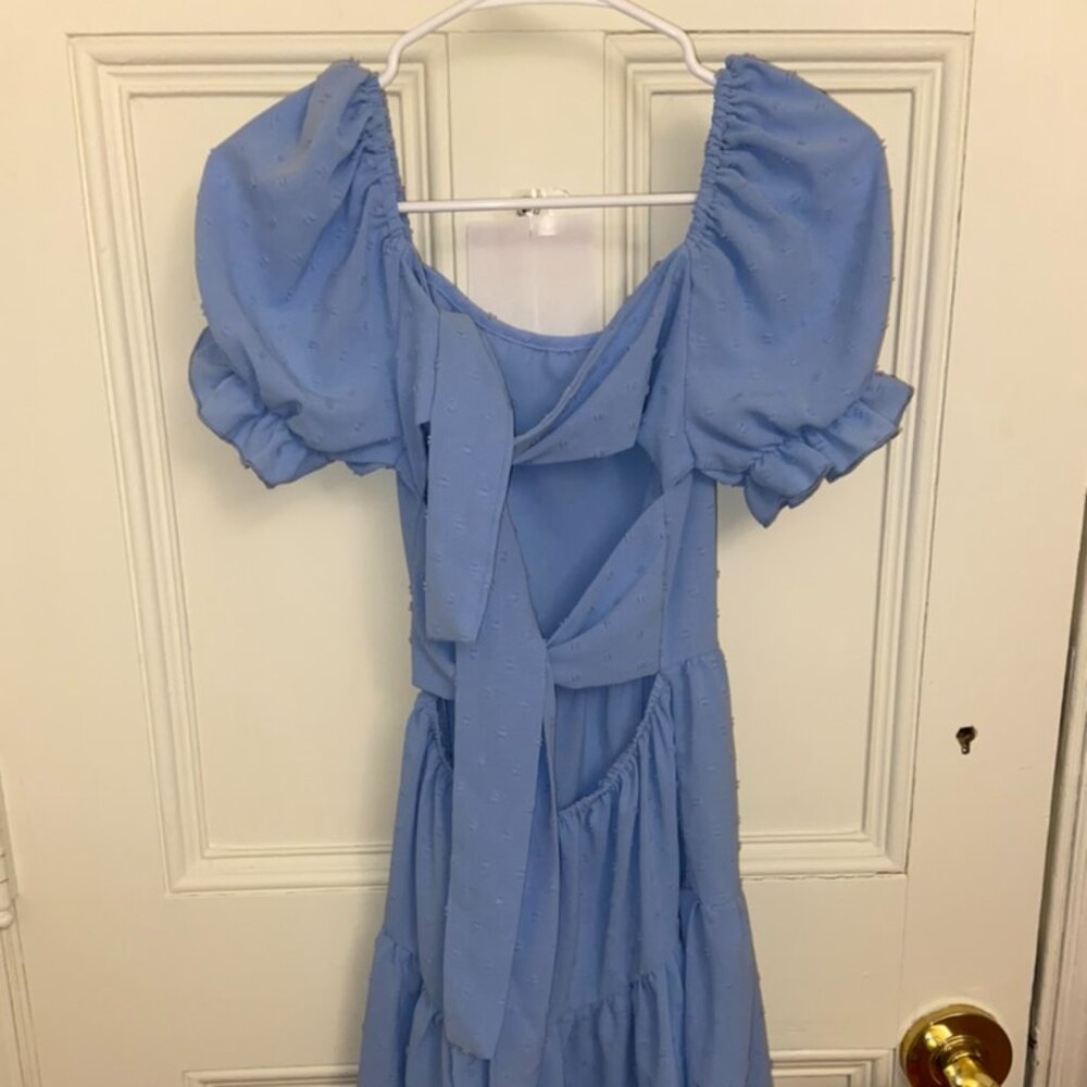 Blue Dotted Dress with Ruffle Sleeves